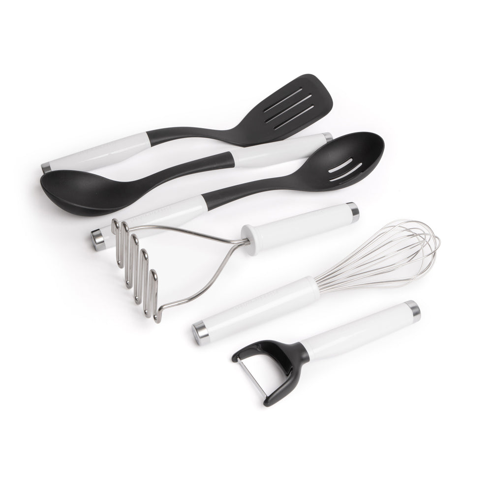 6pc White Classic Kitchen Utensil Set with Slotted Turner, Basting Spoon, Masher, Slotted Spoon, Whisk & Food Peeler image 1