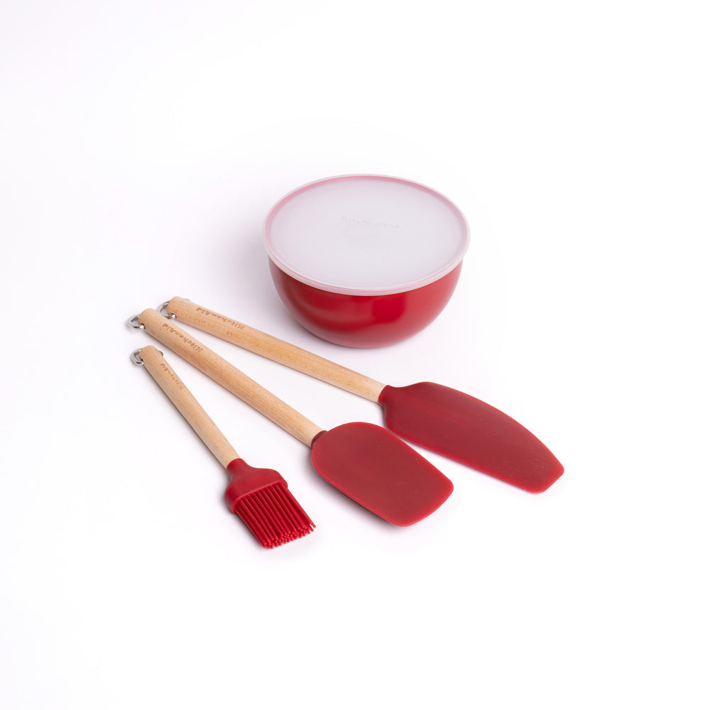 7pc Kitchen Set with 3x Birchwood & Silicone Spatulas and 4x Nesting Meal Prep Bowls, Red image 1