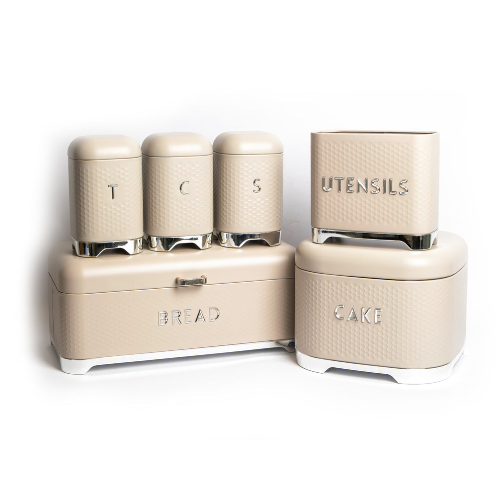 6pc Gift-Boxed Iced Latte Storage Set with Tea, Coffee & Sugar Canisters, Utensil Store, Cake Tin and Bread Bin - Lovello image 1