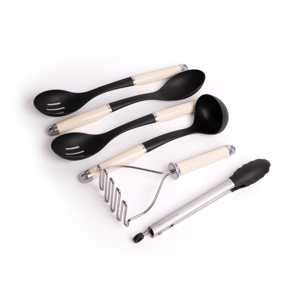5pc Almond Cream Silicone Utensil Set with Basting Spoon, Slotted Spoon, Ladle, Wire Masher & Tongs image 1