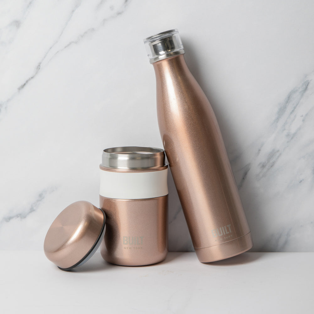 2pc Rose Gold On-the-Go Set with Perfect Seal 590ml Double Walled Hydration Bottle and 490ml Food Flask image 1