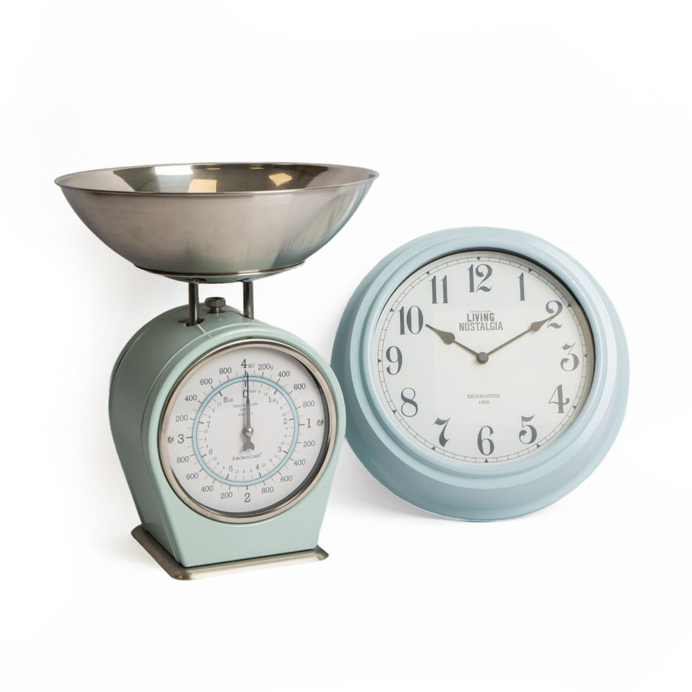 2pc Vintage Blue Kitchenware Set with Wall Clock and Mechanical Weighing Scales image 1