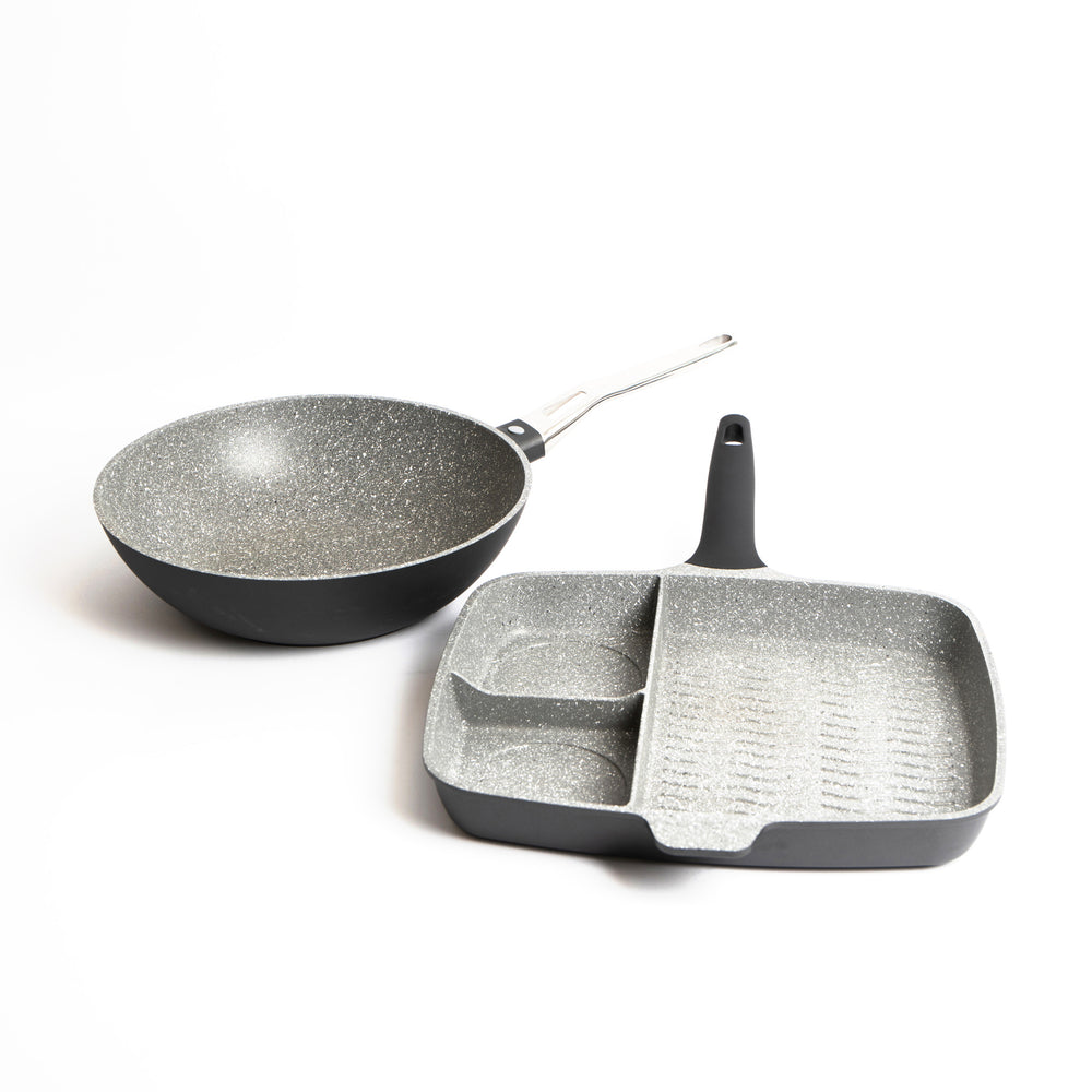 2pc Induction-Safe & Non-Stick Cast Aluminium Pan Set with Three-Section Grill Pan, 32cm and Wok, 28cm image 1