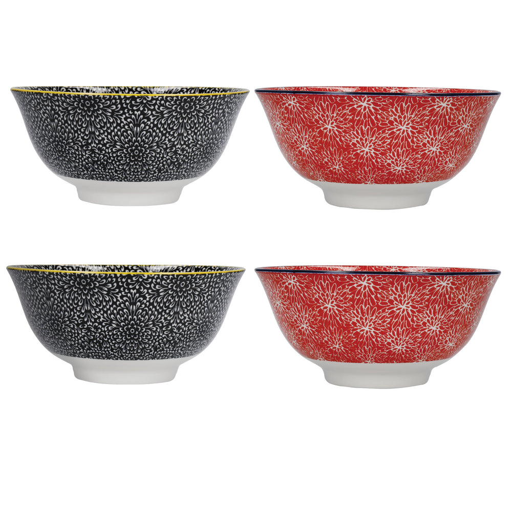 KitchenCraft Set of 4 Ceramic Cereal Bowls - 'Red and Black' Design image 1