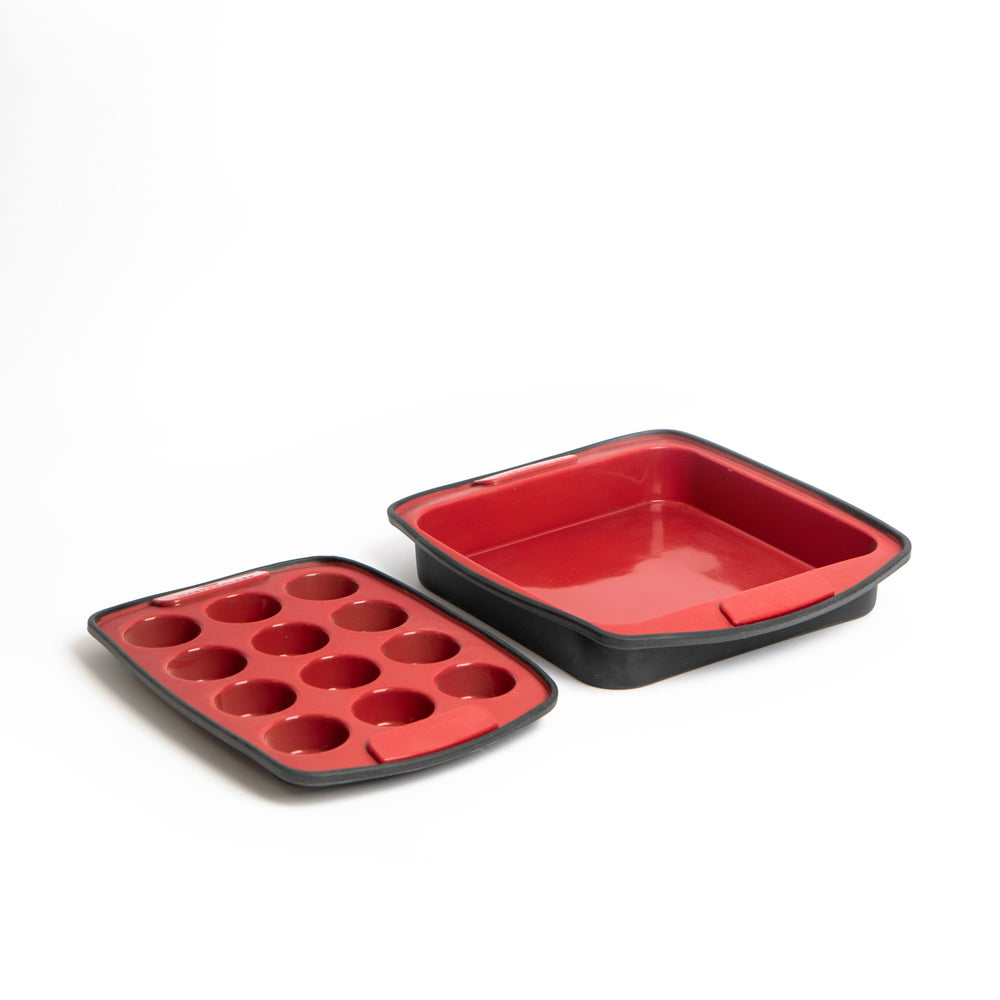 2pc Red Silicone Bakeware Set with Square Bake Pan and 12-Hole Baking Pan image 1