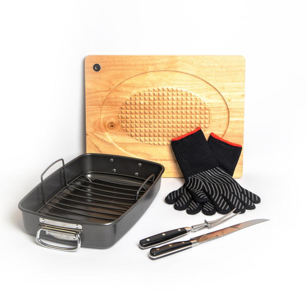 5pc Roasting Set with Roasting Tin & Rack, Carving Fork & Carving Knife, Wooden Carving Board and Safety Oven Gloves image 1