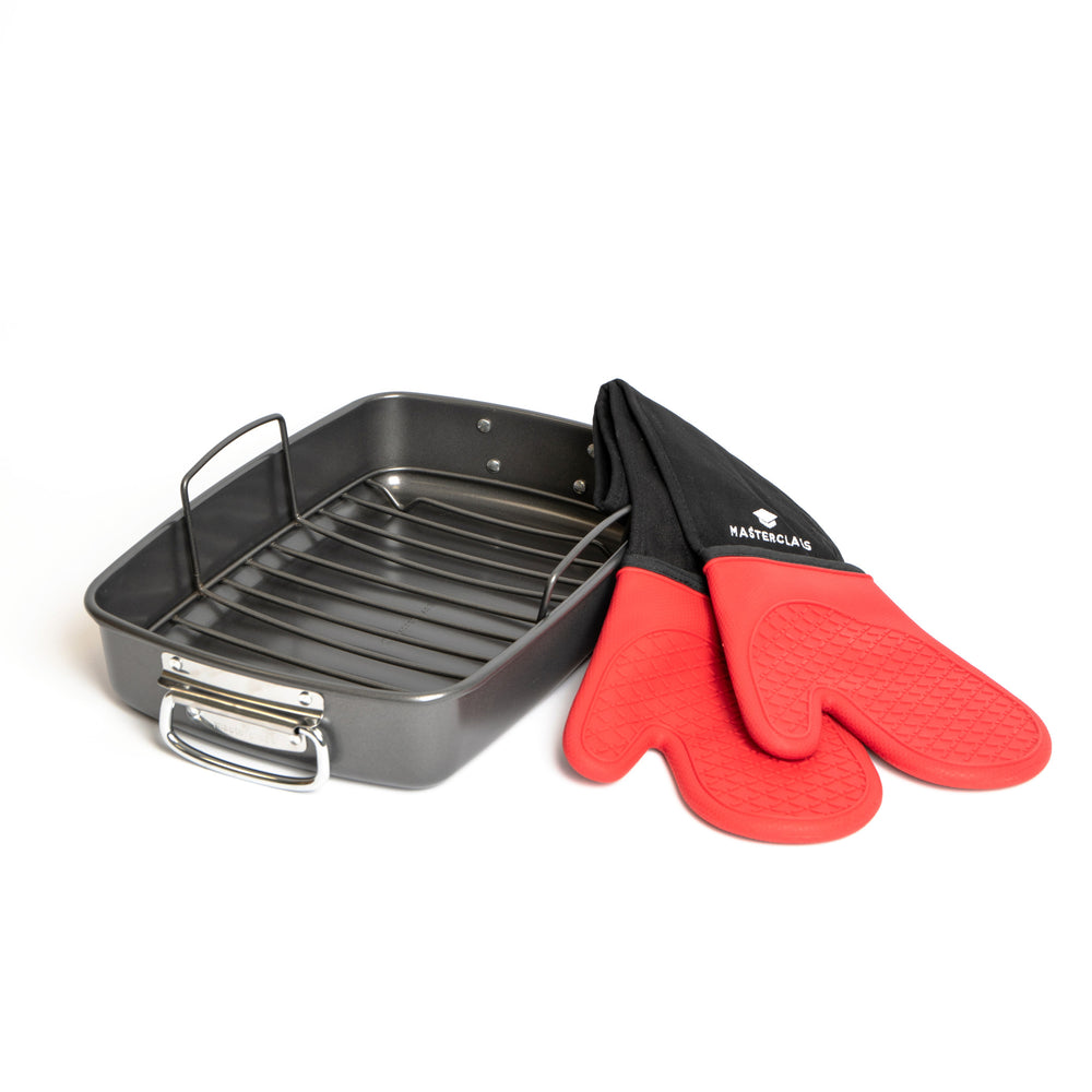 2pc Roasting Set with Non-Stick Large Roasting Tin & Rack and Stain-Resistant Silicone Double Oven Gloves image 1
