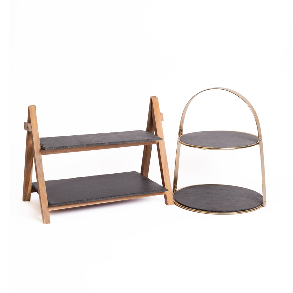 2pc Serveware Set with 2-Tier Slate & Wood Serving Stand and 2-Tier Brass Cake Stand with Round Slate Serving Platters image 1