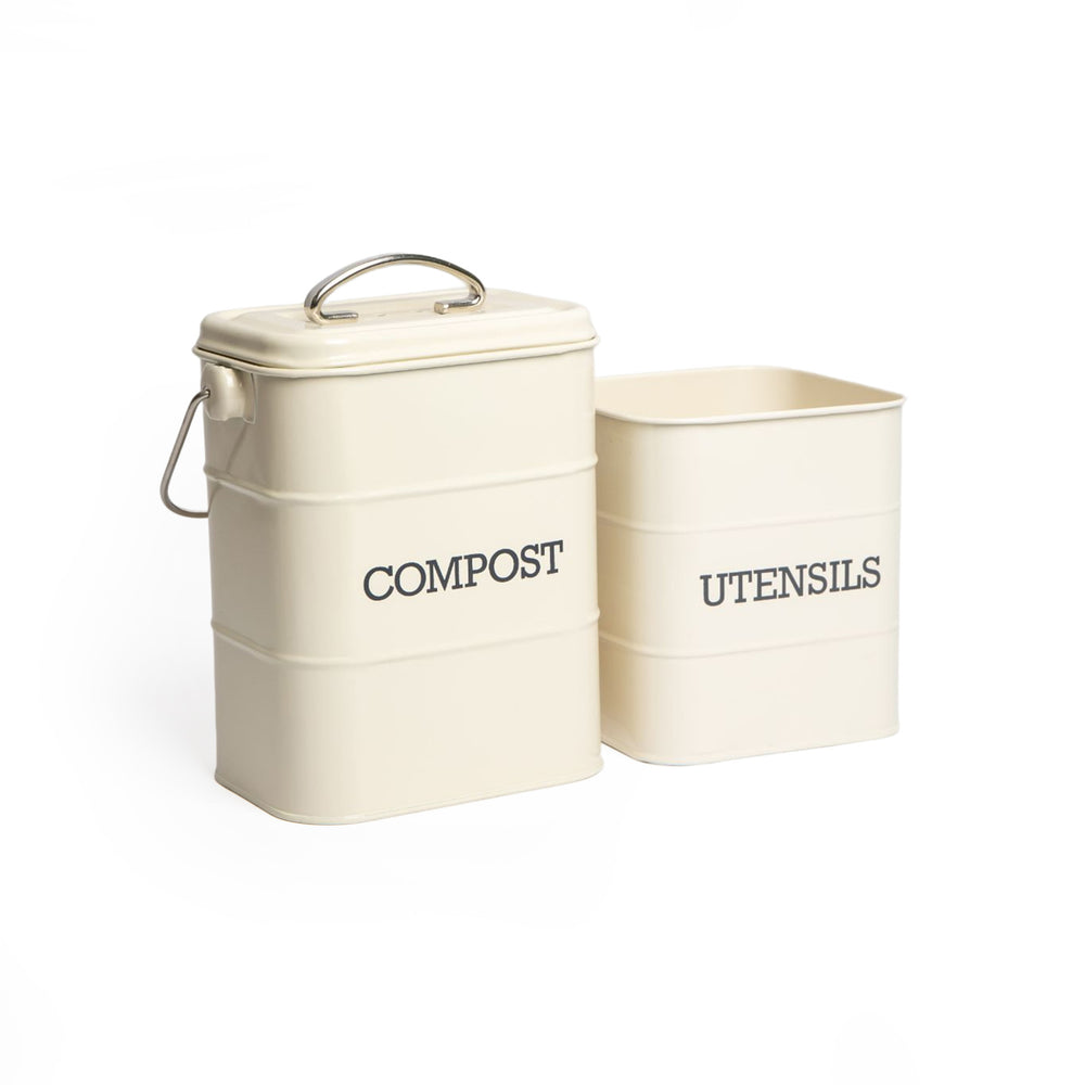 2pc Antique Cream Storage Set with Compost Bin and Utensil Pot image 1