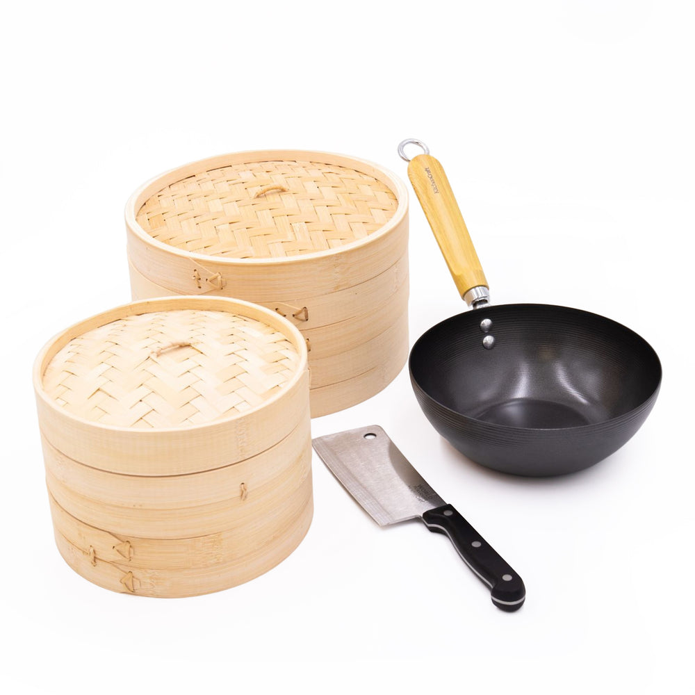 4pc Oriental Cooking Set with Carbon Steel Non-Stick Wok 20cm, 2x Bamboo Steamers, Medium & Large and Stainless Steel Cleaver image 1