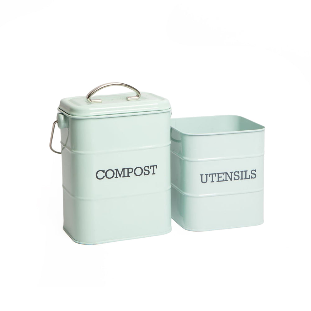 2pc Vintage Blue Stainless Steel Kitchen Storage Set including Compost Bin and Utensil Pot image 1
