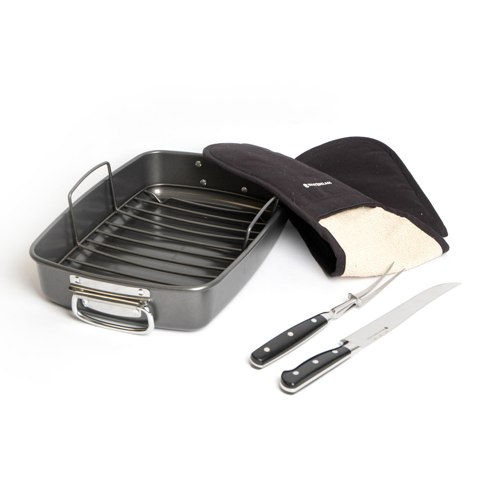 4pc Roasting Set with Non-Stick Roasting Tin & Rack, Carving Fork & Carving Knife and Deluxe Double Oven Gloves image 1