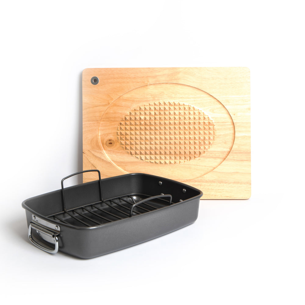 2pc Roasting Set with Large Non-Stick Roasting Tin & Rack and Wooden Studded Carving Board image 1