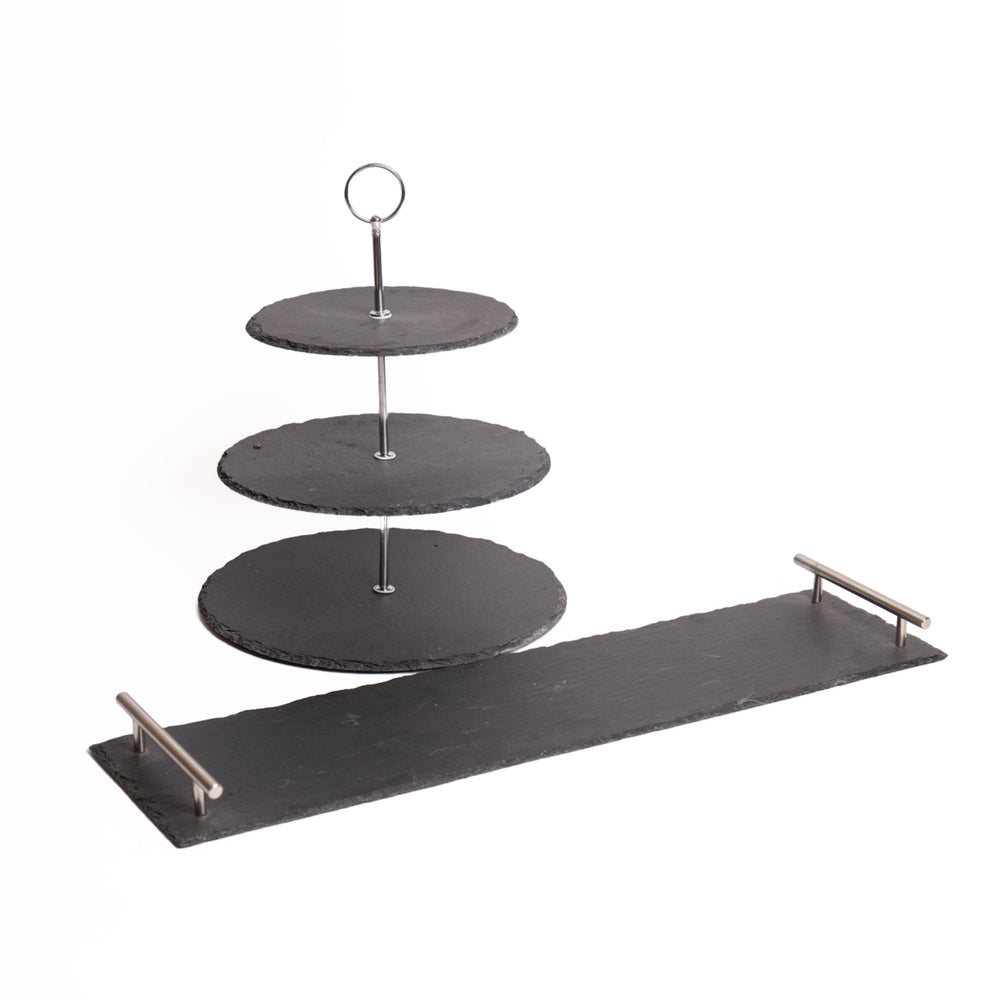 2pc Slate Serving Set with Appetiser Slate 3-Tier Serving Stand and Rectangular Serving Platter with Handles image 1