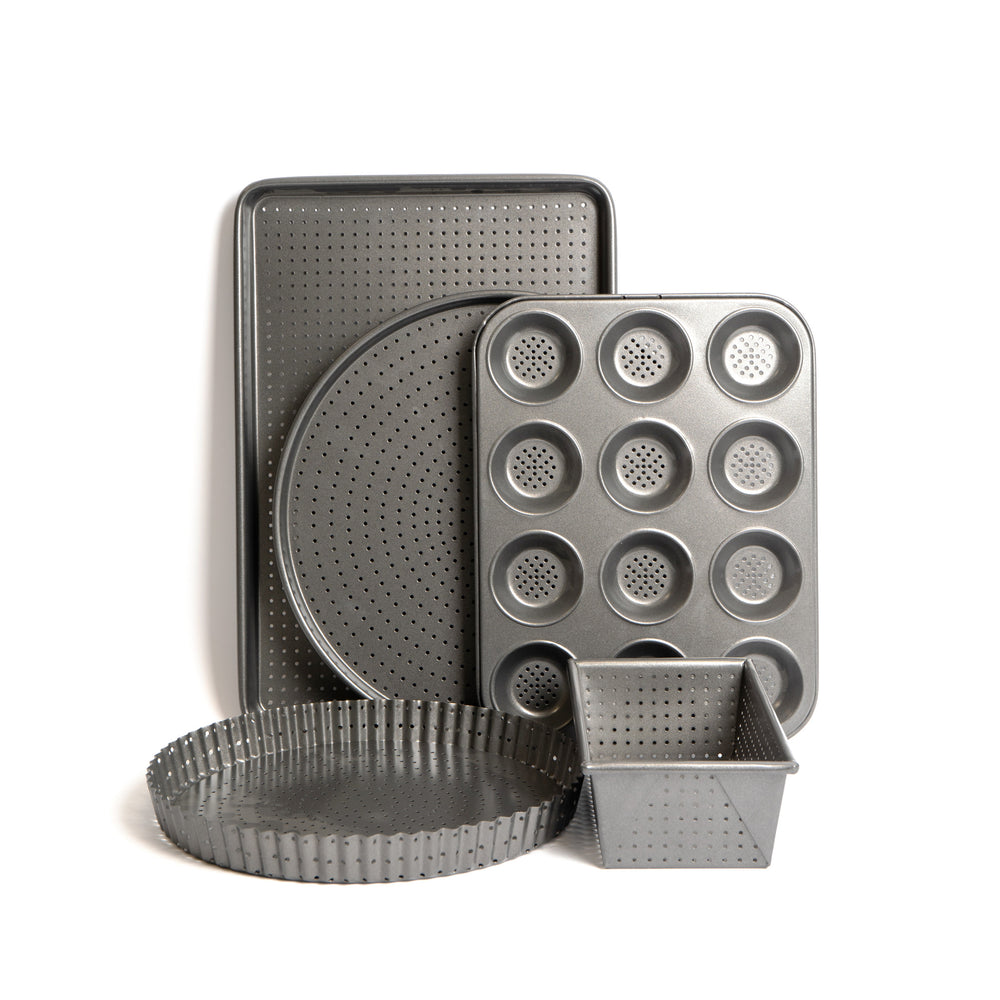 5pc Crusty Bake Non-Stick Bakeware Set with Quiche Tin, Pizza Crisper, 2lb Loaf Pan, Baking Tray and 12-Hole Pan image 1