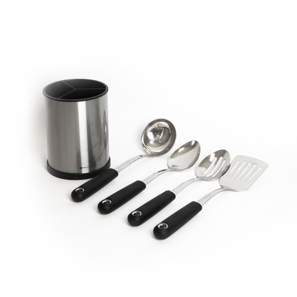 5pc Stainless Steel Utensil Set with Cooking Spoon, Slotted Spoon, Slotted Turner, Ladle and Utensil Holder image 1