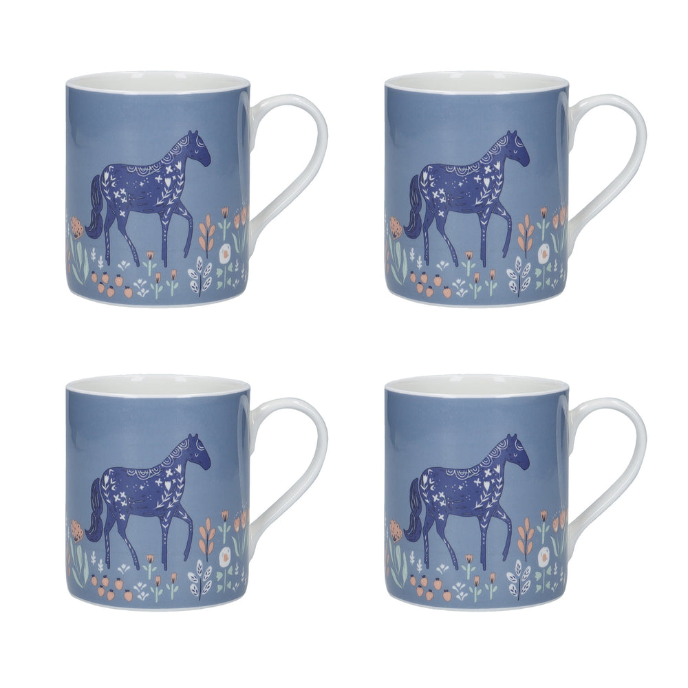 Set of 4 KitchenCraft Fine Bone China Woodcut Horse 250ml Can Mugs image 1