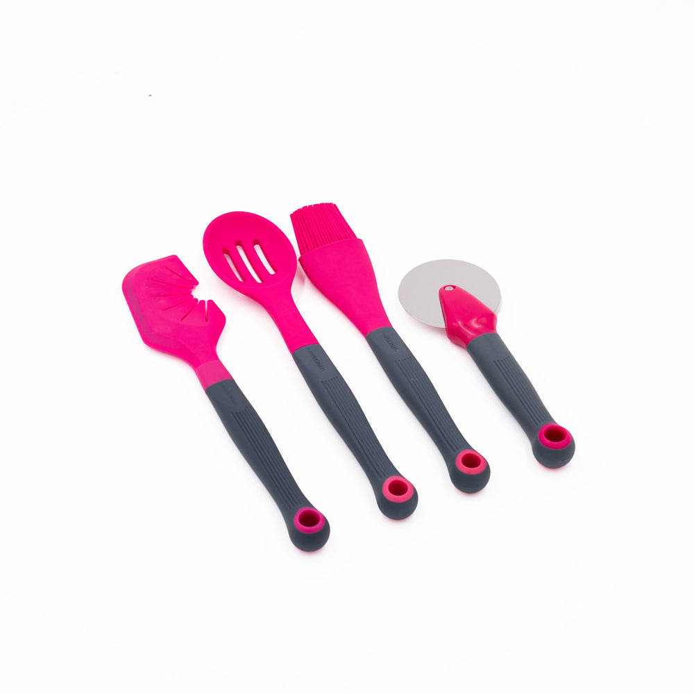 Colourworks Brights Set with Pizza Cutter, Angled Pastry Brush, Slotted Spoon and 