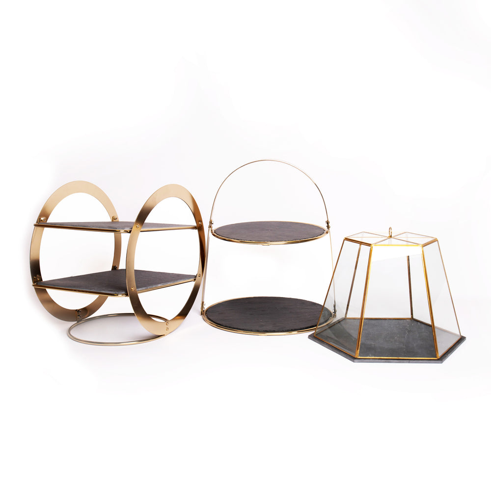 3pc Serveware Set with 2-Tier Brass Cake Stand; 2-Tier Geometric Brass Serving Stand & Glass Serving Cloche with Slate Bases image 1