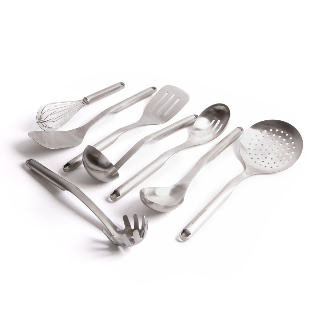 8pc Stainless Steel Utensil Set with Slotted Spoon, Turner, Cooking Spoon, Ladle, Pasta Server, Strainer, Whisk & Fish Slice image 1