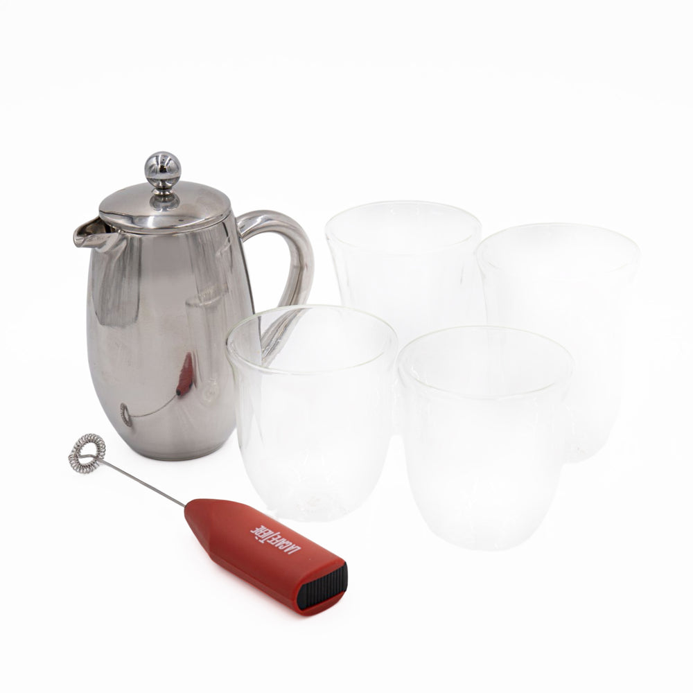 6pc Coffee Set with 3-Cup Stainless Steel French Press, 2x Latte Glasses, 2x Cappuccino Cups and Red Battery Milk Frother image 1