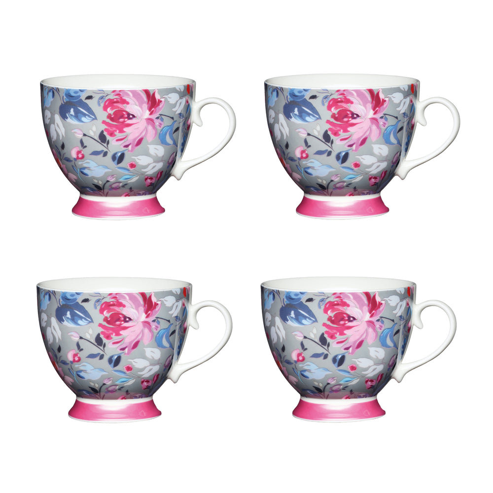 Set of 4 KitchenCraft China Grey Floral Footed Mugs image 1