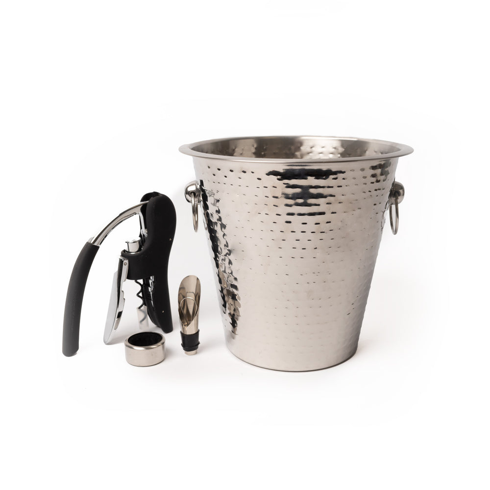 4pc Wine Accessories Set including Stainless Steel Hammered Wine Bucket, Corkscrew, Pourer and Drip Collar image 1
