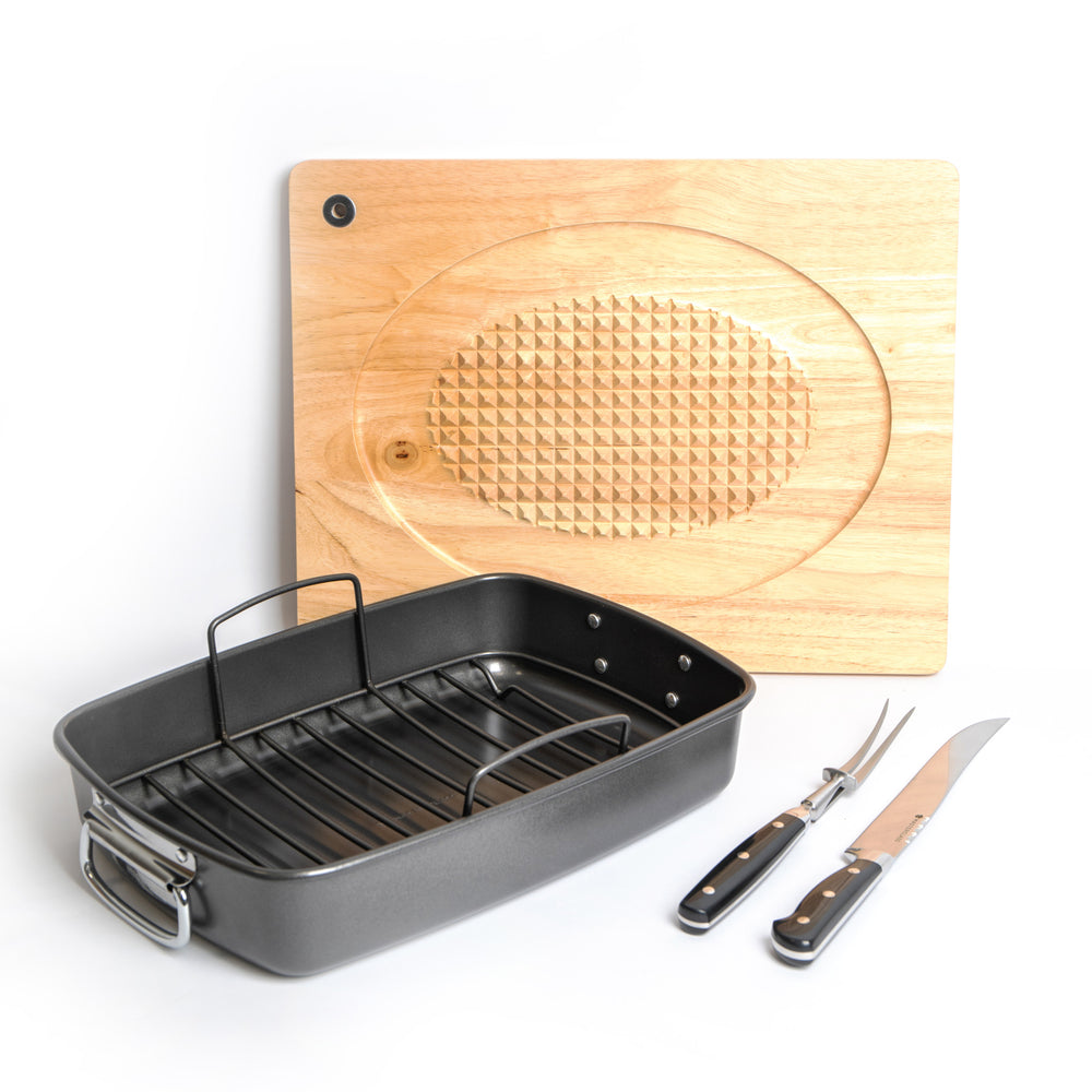 4pc Roasting Set with Large Non-Stick Roasting Tin with Rack, Carving Fork & Carving Knife and Wooden Spiked Carving Board image 1