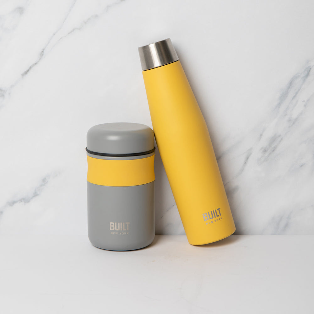 BUILT Stylist 490ml Food Flask and Perfect Seal 540ml Yellow Hydration Bottle Set image 1