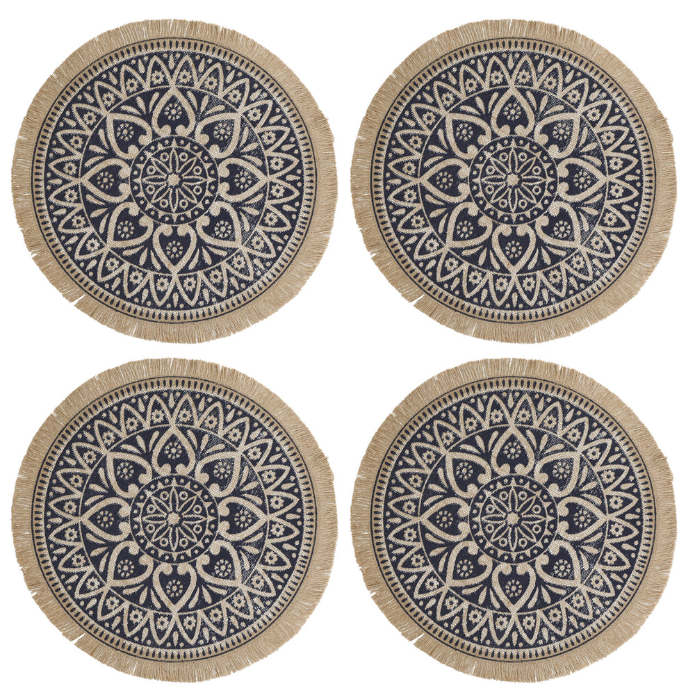 Creative Tops Set of 4 Jute Placemats with Mandala Design, Natural Printed Hessian - Blue image 1