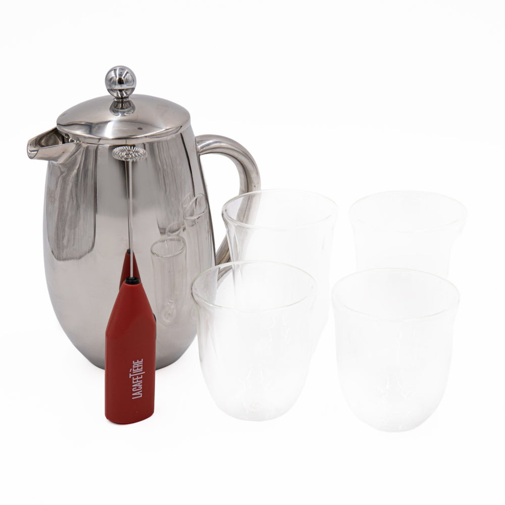 6pc Coffee Set with 8-Cup Stainless Steel French Press, 2x Latte Glasses, 2x Cappuccino Cups and Red Battery Milk Frother image 1