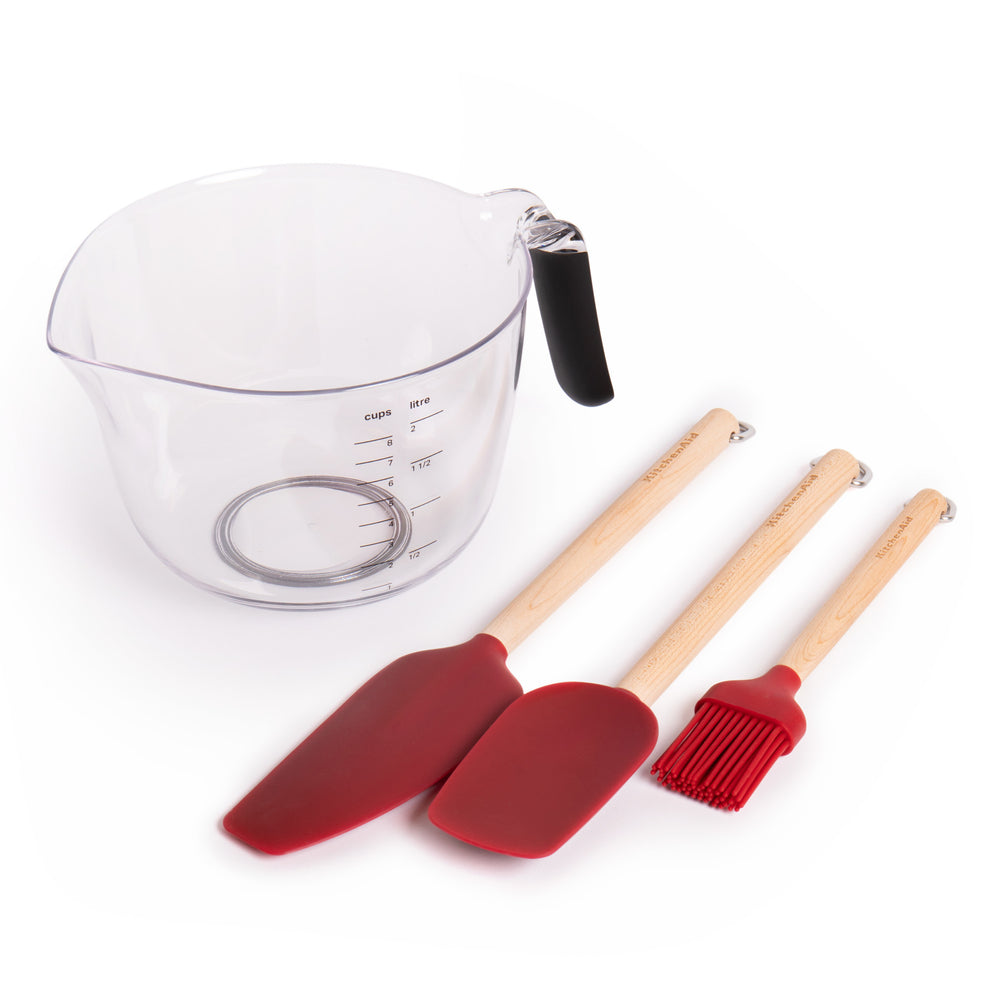4pc Baking Set with Birchwood & Silicone Pastry Brush, Spoon Spatula, Mixer Spatula and 2l Clear Measuring Bowl with Handle image 1